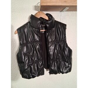 H&M Down Insulated Puffer Vest  Faux Leather Zipper Black Size Small Layering